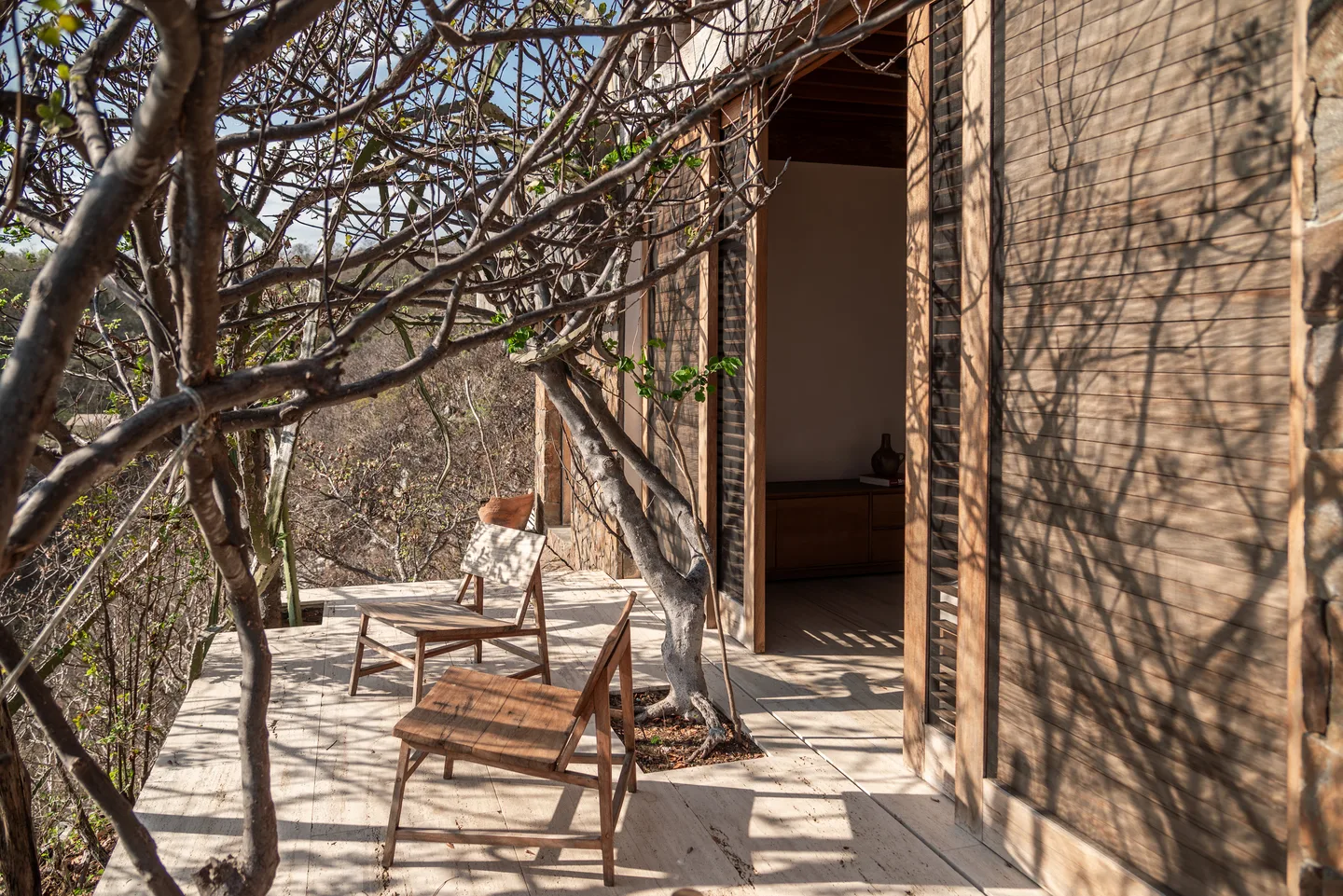 Terrace of Suite Guayacán with chairs among the dry-forest branches — La Valise Mazunte