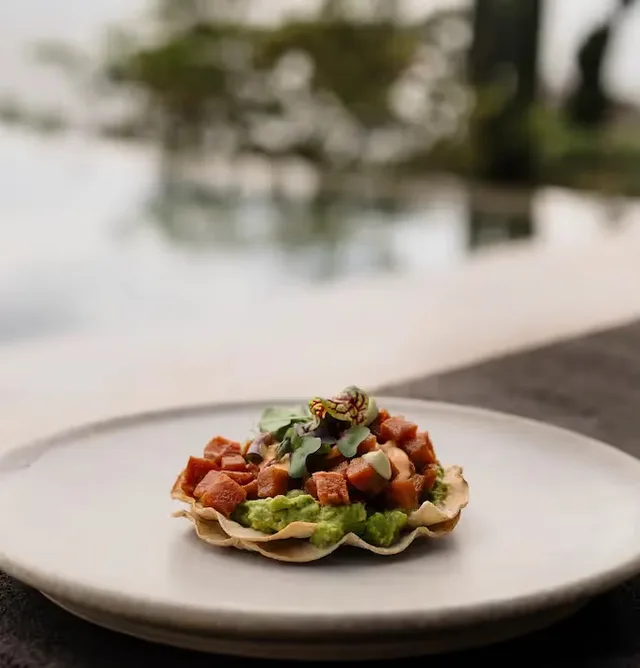 Plated tostada served at the restaurant of La Valise Mazunte